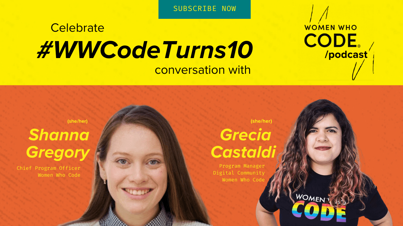 Featured image for WWCode Podcast #26 – Shanna Gregory and Grecia Castaldi Talk WWCode Turns 10